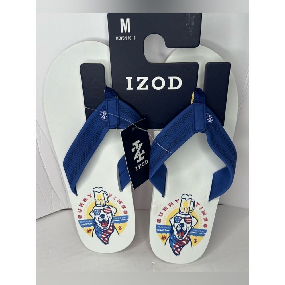 New Izod White Blue Strap Patriotic Dog Graphic Men’s Flip Flops Various Sizes
